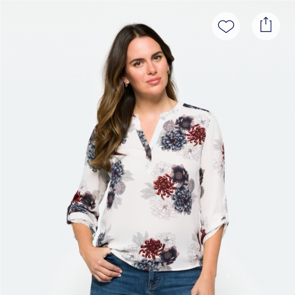 Daniel Rainn White and Red 3/4 Sleeve Blouse with Mandarin Collar